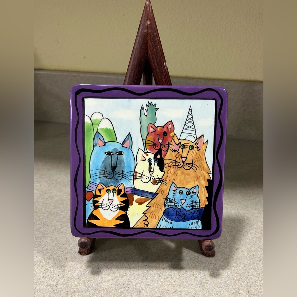Candace Reiter Catzilla Ceramic Trivet Tile 6 x 6" 1999 Cats Cat Mom Kitty